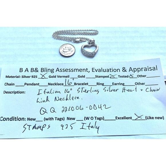 QQ# Italian Sterling 925 Silver Heart & Sterling Chain Link Necklace - Picture 8 of 8